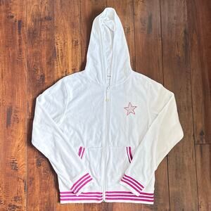 Y2K Donna Velour Track Jacket Womens L White Pink Stripes Rhinestones Glitter